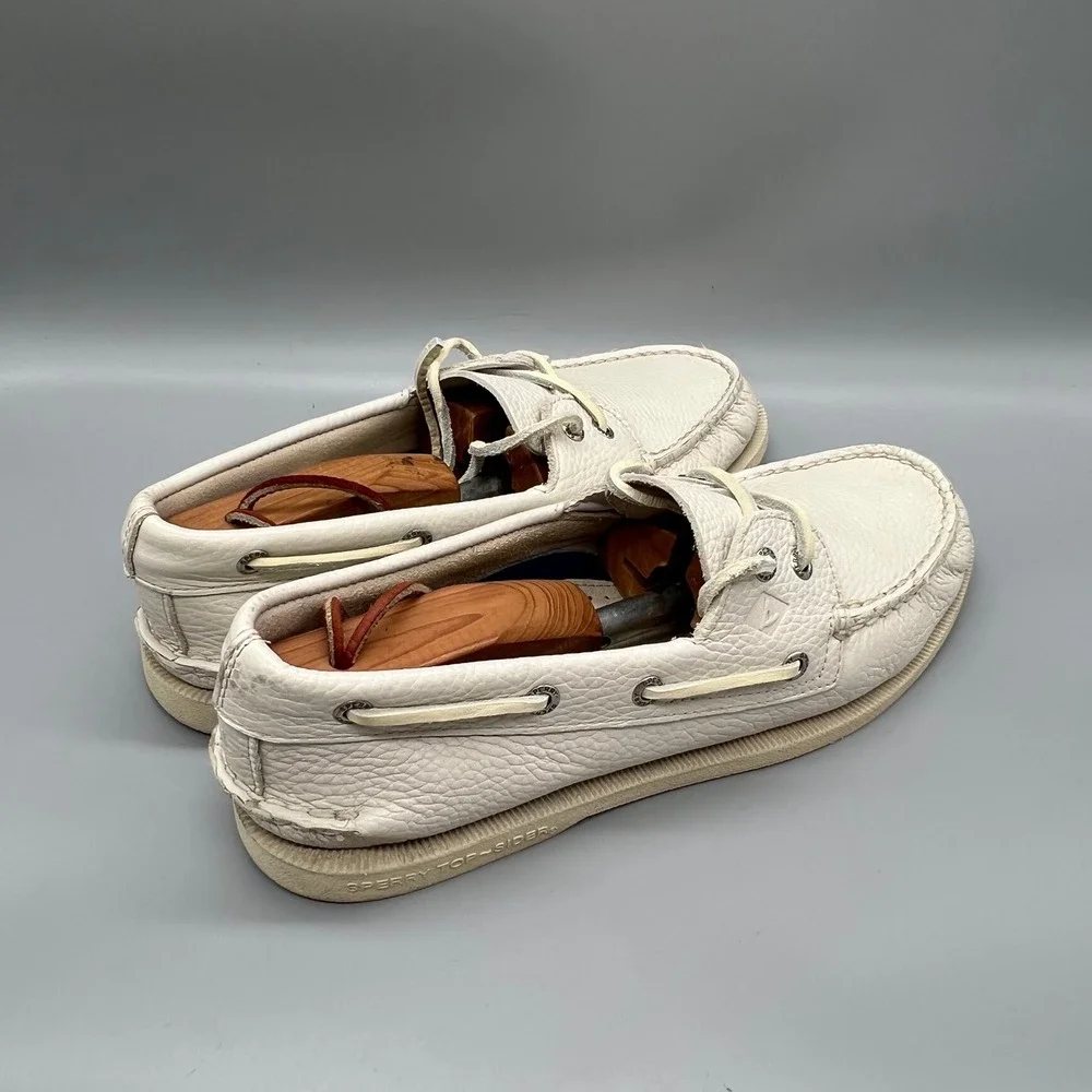 Sperry Shoes Mens 9 White Leather Top Sider A/O 2-Eye Boat Deck Loafers Nautical